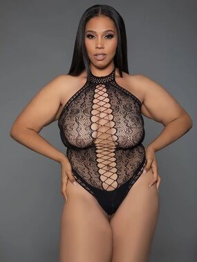 Plus Black Lace Halter Bodysuit - Women's Sexy Lingerie
